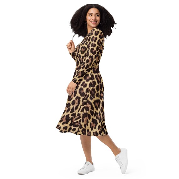 navy blue dress for baby girl Nicia Dress - Winter Leopard Print in Camel - Organic cotton - organic  textile main image 1