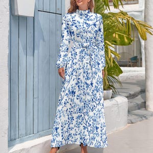 women's blue sun dress Azure Blue Floral Midi Dress for Women