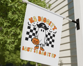 May include: A white Halloween flag featuring a ghost wearing a pirate hat and carrying a pumpkin. The text on the flag reads "No Diggity Bout To Bag It Up".