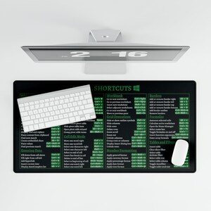 Könnte beinhalten: Eine schwarze rechteckige Schreibtischunterlage mit weißem Text, der Tastenkombinationen detailliert. Eine weiße Tastatur und Maus befinden sich auf der Unterlage, mit einem Computermonitor darüber. Die Unterlage ist für Microsoft Excel konzipiert.