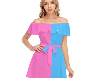 Pink and Blue Gender Reveal Dress: Ruffle Off-Shoulder Chiffon