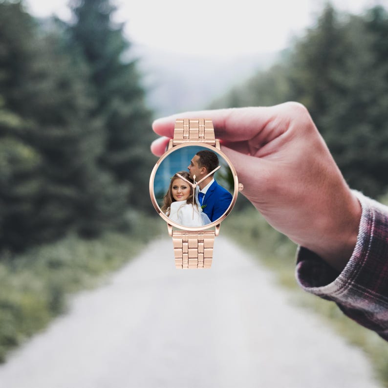 Personalisierte Fotouhr, Edelstahlband, benutzerdefinierte Unisexgeschenk Bild 2