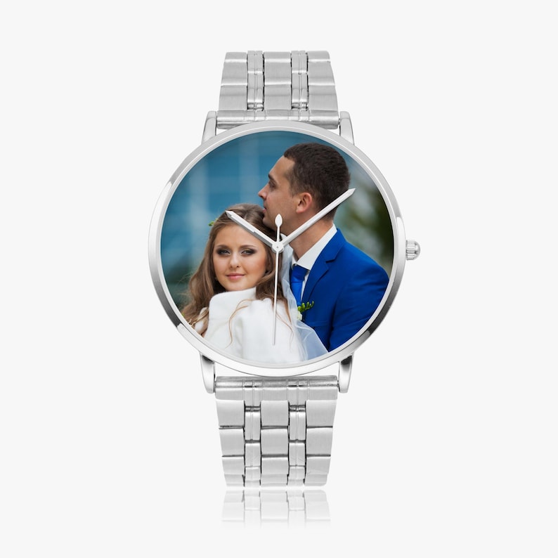 Personalisierte Fotouhr, Edelstahlband, benutzerdefinierte Unisexgeschenk Silver