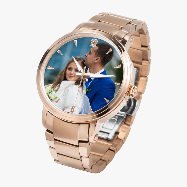 Personalized Photo Automatic Watch, Custom Steel Strap Timepiece with Indicators, Wedding and Anniversary Gift RoseGold