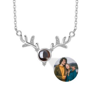 Personalized Bubble Projection Necklace for Women, Antler Pendant with Custom Photo, Custom Memorial Photo Pendant, Memorial Gift for Her