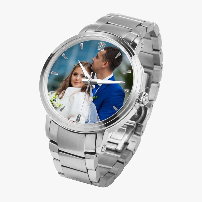 Personalized Photo Automatic Watch, Custom Steel Strap Timepiece with Indicators, Wedding and Anniversary Gift Silver