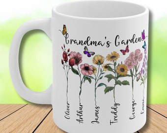 Mug jardin de grand-mère avec fleurs du mois de naissance et noms d'enfants, jardin de grand-mère, cadeau d'anniversaire de grand-mère, cadeaux pour Nene, fleurs du mois de naissance