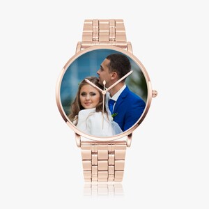 Personalisierte Fotouhr, Edelstahlband, benutzerdefinierte Unisexgeschenk Rose Gold