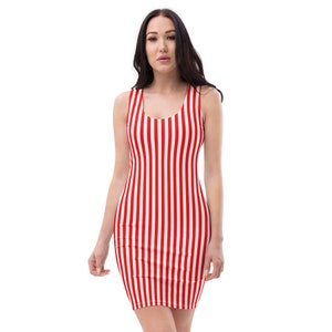 May include: A red and white striped sleeveless dress with a fitted silhouette.