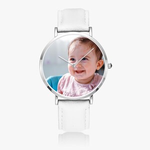 Personalized Ultra-Thin Quartz Watch, Leather Strap, Custom Photo Gift White