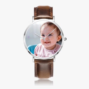 Personalized Ultra-Thin Quartz Watch, Leather Strap, Custom Photo Gift Brown