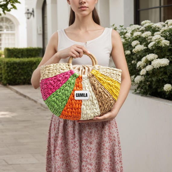 パーソナライズされたレインボーストロートートバッグ：カスタムネーム