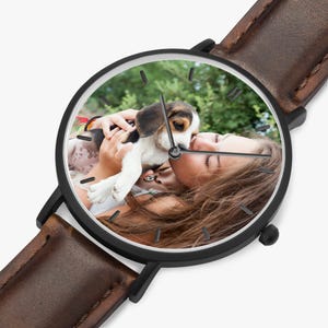 Reloj ultrafino personalizado, correa de cuero, regalo con foto personalizada Brown