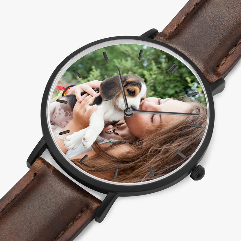 Reloj ultrafino personalizado, correa de cuero, regalo con foto personalizada Brown