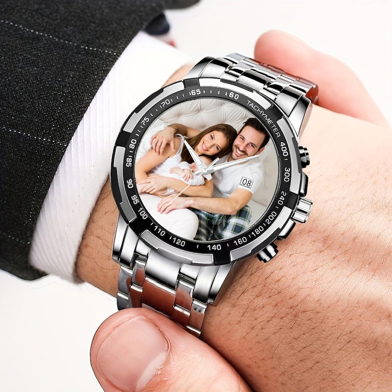 Orologio con foto personalizzato, orologio in metallo argentato personalizzato, regalo per lui immagine 6