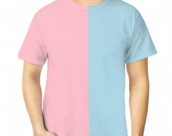 Gender Reveal Color Block Tee: Half Pink Half Blue Polyester Top