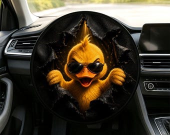 Steering Wheel Sun Shade Cover, Funny Yellow Duck with Sunglasses on Black, 17.7 Inch