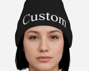 Custom Beanie Hat • Personalized Name Winter Hat • All-Over Print Unisex Knitted Cap • Custom Text Gift for Him Her Christmas Present