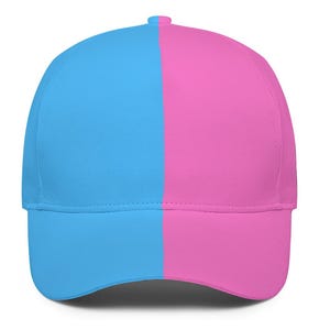 May include: A baseball cap with a blue and pink color scheme. The cap is split down the middle, with one side blue and the other side pink.
