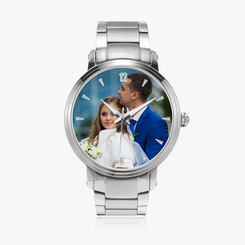 Personalized Photo Automatic Watch, Custom Steel Strap Timepiece with Indicators, Wedding and Anniversary Gift image 2