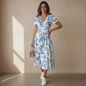 blue and white toile dress women NicoBlu Capri Short Tunic Dress in Whimsical Blue and White Jungle Toile 14 main image 1