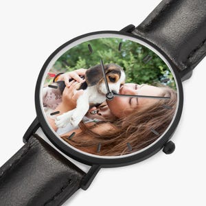 Reloj ultrafino personalizado, correa de cuero, regalo con foto personalizada Black