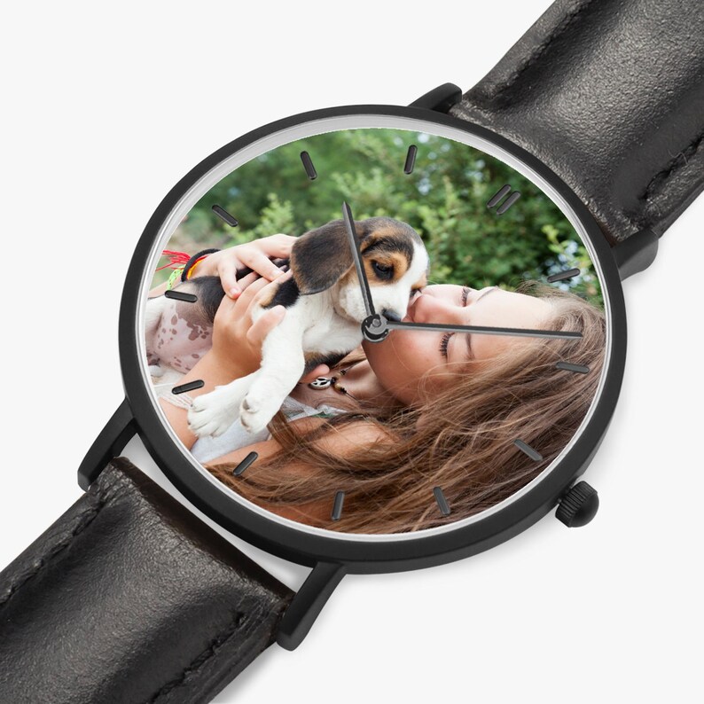 Reloj ultrafino personalizado, correa de cuero, regalo con foto personalizada Black