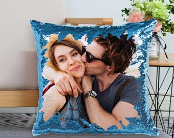 Custom Photo Sequin Pillow | Personalized Reversible Mermaid Cushion Cover | Magic Flip Pillowcase Gift for Christmas & Birthdays