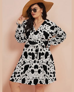black and white cow print dress V-neck Dress: & Animal Print With Waistband Plus size