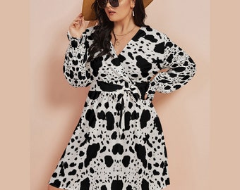 Cow Print V-Neck Dress: Black & White Animal Print with Waistband