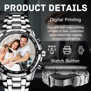 Orologio con foto personalizzato, orologio in metallo argentato personalizzato, regalo per lui immagine 8