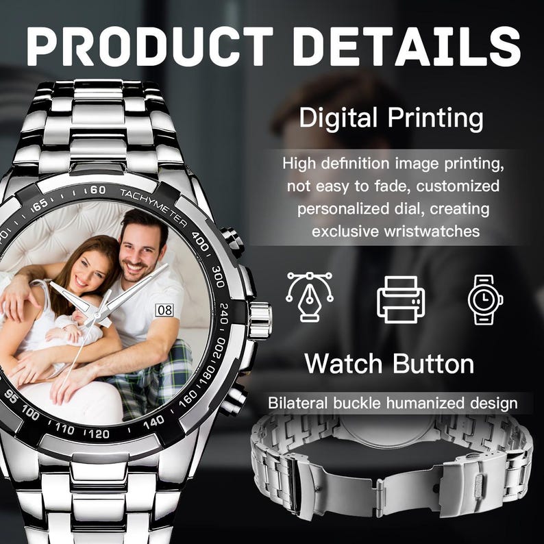 Orologio con foto personalizzato, orologio in metallo argentato personalizzato, regalo per lui immagine 8