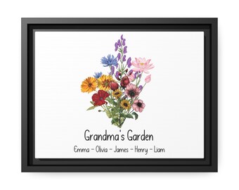 May include: A framed canvas print featuring a watercolour illustration of a bouquet of colourful flowers. The text "Grandma's Garden" is below the flowers, followed by a list of names: Emma, Olivia, James, Henry, and Liam.