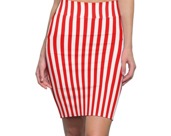 Red White Stripe Skirt, Striped Stretch Skirt, Womens Skirt, Striped Pencil Skirt , Women's Pencil Skirt