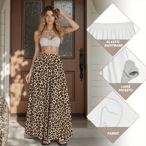 Puede incluir: Falda larga con estampado de leopardo en tonos beige y marrón. La falda tiene cintura elástica y bolsillos. La tela es ligera y adecuada para climas cálidos.