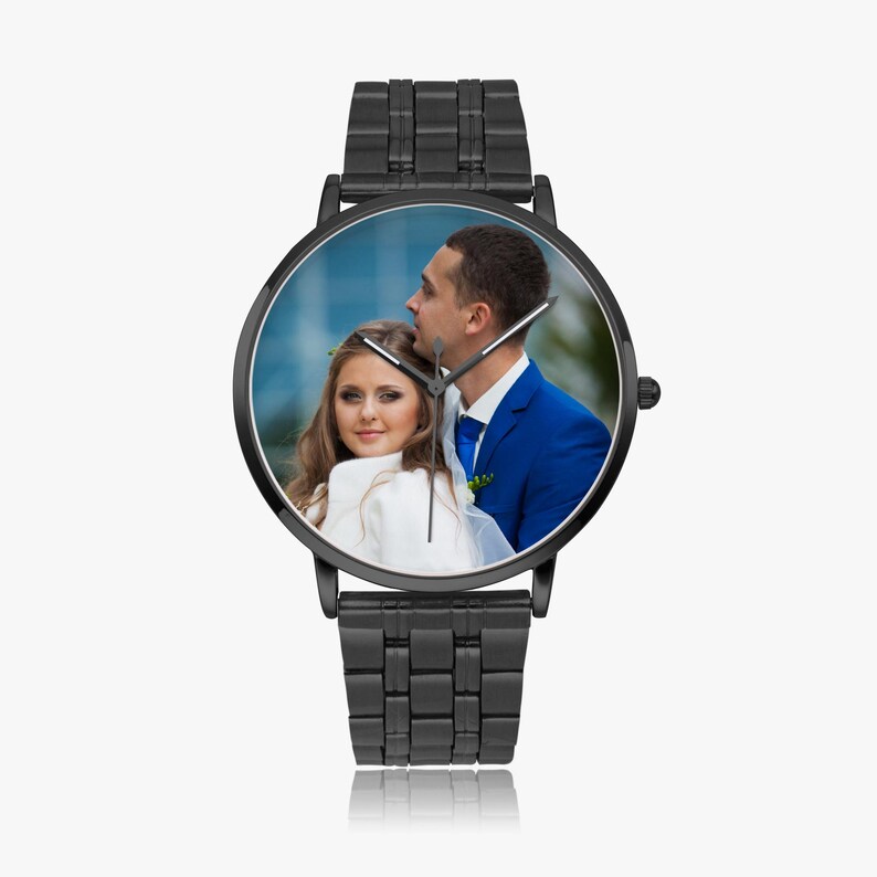 Personalisierte Fotouhr, Edelstahlband, benutzerdefinierte Unisexgeschenk Black