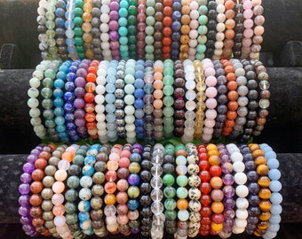 Natural Gemstone Beads Bracelets, Handmade Crystal Bracelets, 8 mm Stretchy Bracelets, Energy Healing Bracelet,Garnet, Aquamarine, Selenite