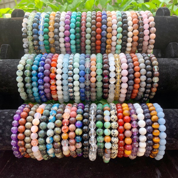 Natural Gemstone Beads Bracelets, Handmade Crystal Bracelets, 8mm Stretchy Bracelets, Energy Healing Bracelet,Garnet, Aquamarine, Selenite