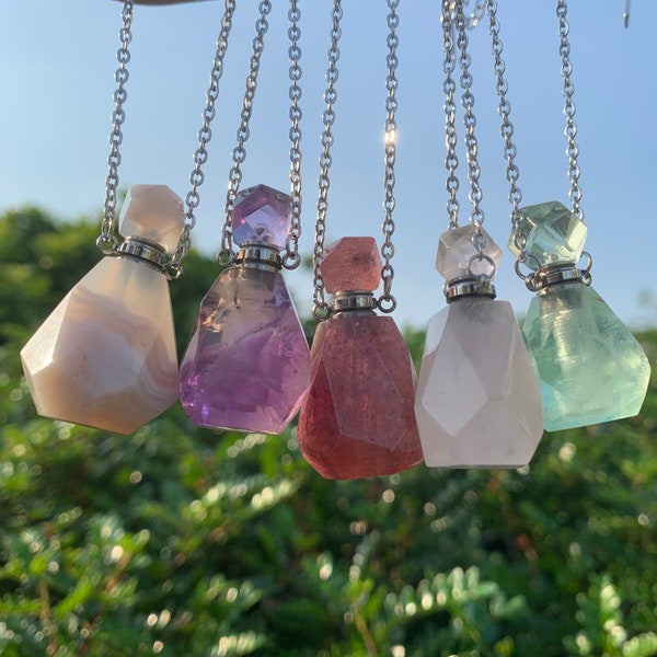 Crystal Perfume Bottle Necklace, Essential Oil Pendant, Gemstone Perfume Necklace, Healing Crystal Necklace, Amethyst, Citrine, Gift For Her
