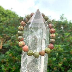 Unakite Bracelet, Gemstone Bracelet, Stretchy Bracelets, Energy Healing Bracelet, Natural Green Crystals, 6 mm 8 mm 10 mm Gift For Friends.