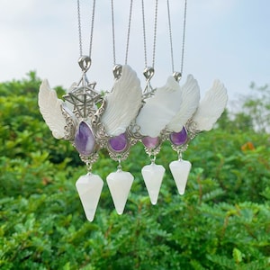 Shell Wing Necklace, Clear Quartz Pendulum, Amethyst Inlay pendant, Healing Crystal Necklace, Adjustable Necklace, Angel Winged Talisman