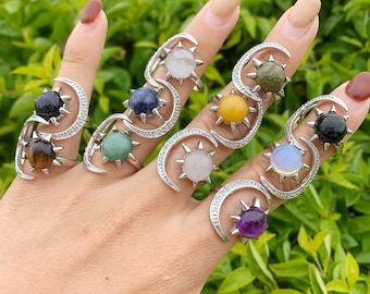 Crescent Moon Gemstone Rings, Adjustable Rings, Genuine Crystals Rings, Boho Rings For Gift, Women Rings Party Wedding Jewelry.