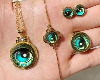 Collar de mal de ojo, pulsera de ojos de mascota, pendientes de ojo de la suerte, anillo de ojos de animales, pulsera de protección espiritual, pulsera ajustable.