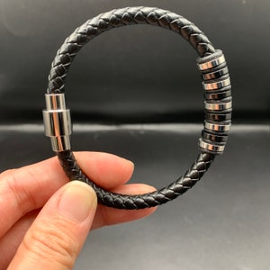 Men's Leather Bracelet, Stainless Steel Clasp, Bracelet Braided Leather, High Quality Magnetic Closure, Black Genuine Leather. image 1