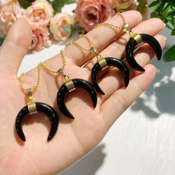 Black Onyx Crescent Moon, Celestial Moon Necklace, Double Horn Gemstone Moon Pendants, Natural Crystal Moon Pendant, Gift For Her.