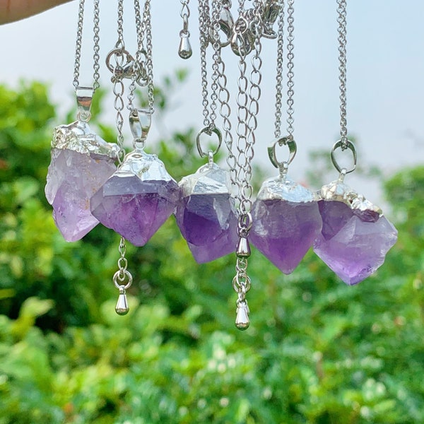 Amethyst Raw Stone Necklace, Healing Crystal Necklace, Adjustable Necklace, Silver Color Chain Necklace, Chakra Crystal Necklace