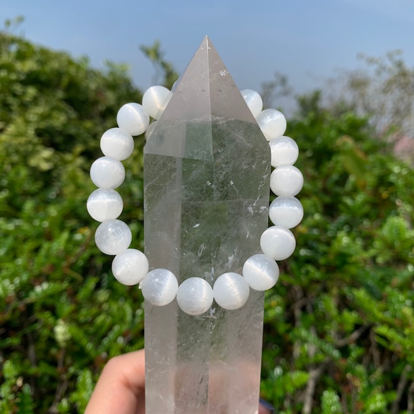 High-Quality Selenite Bracelet, Natural Gemstone Bracelet, Handmade Crystal Bracelets, Stretchy Bracelets, 10mm 8mm 6mm, For Mother.