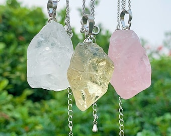 Raw Crystal Ketting, Boho Edelsteen ketting, Healing Crystal Ketting, Verstelbare Ketting, Zilveren Kleur Ketting Ketting, Citrien Ketting.