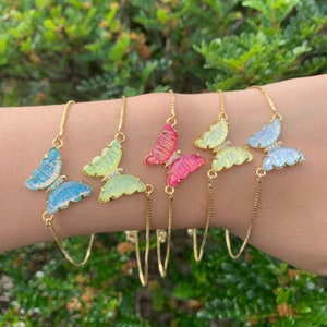 Crystal Glass Butterfly Bracelet, 18K Gold Plated with Zircon, Adjustable Butterfly Bracelet, Rainbow Butterfly, Gift For Her.
