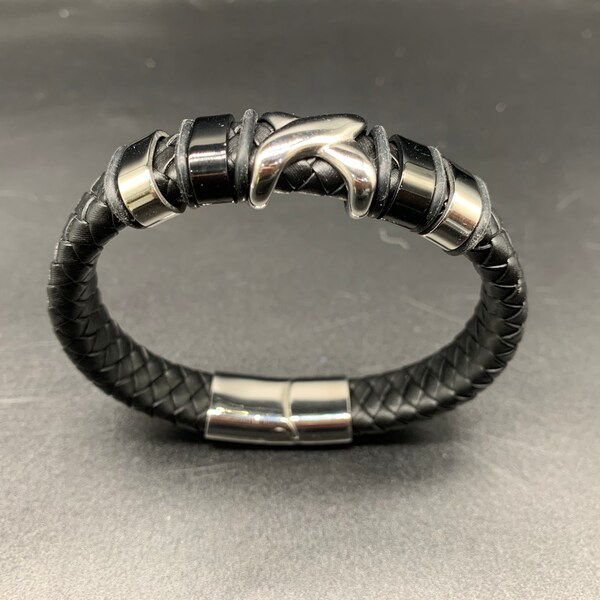 Black Leather Bracelet, High Quality Stainless Steel Clasp, Bracelet Braided Leather, Black And White Color Plating, Jewelry Gift For Men.